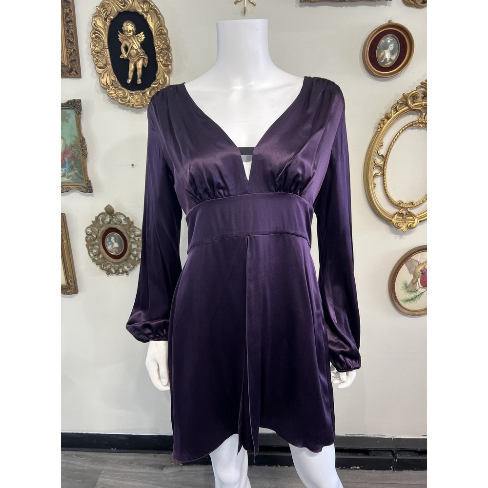 Laundry by Design Dark Purple Silk Long Sleeve V-Neck Mini Dress Size Small